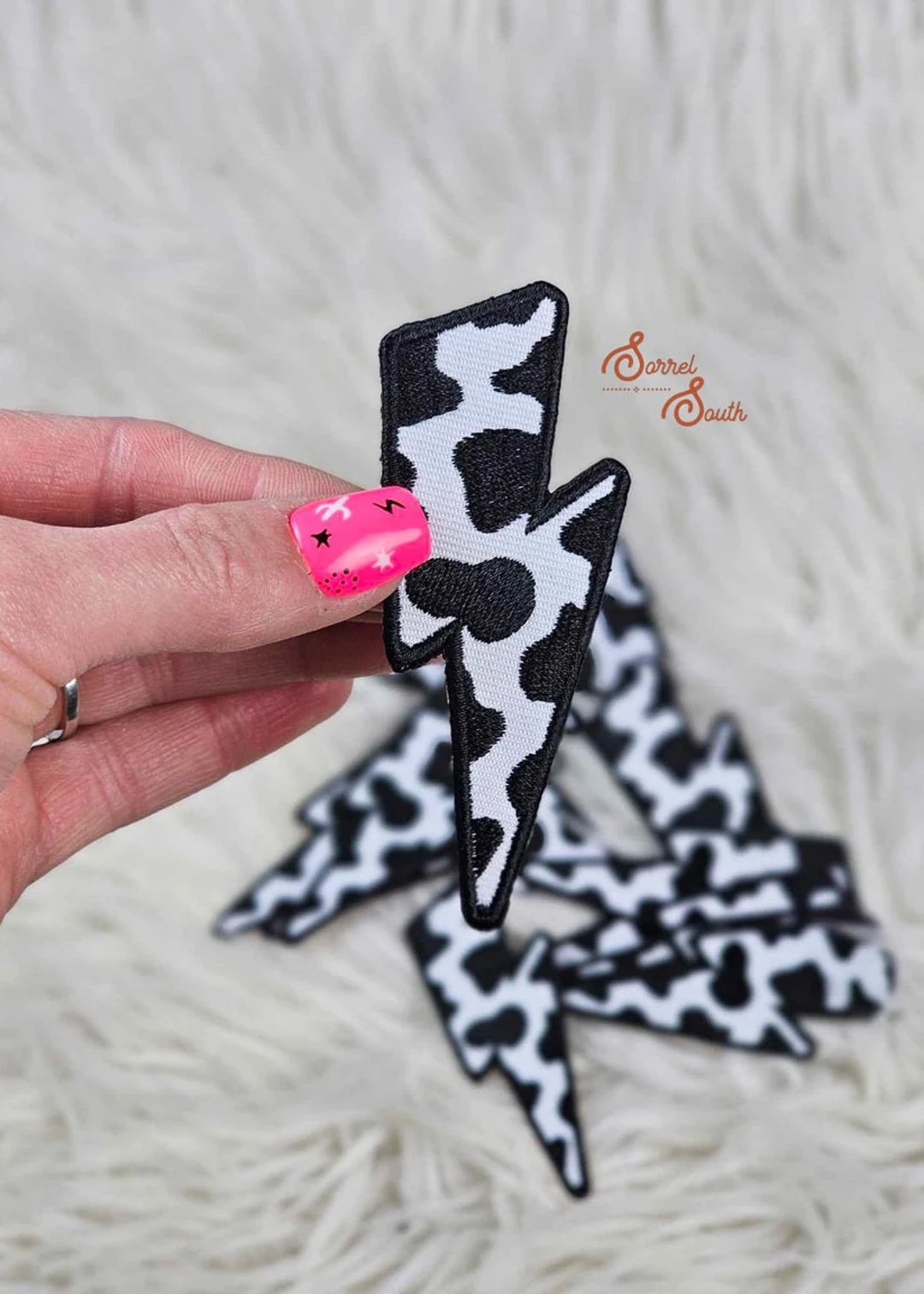 Cowprint Lightning Bolt Iron on Heat Adhesive Embroidered Patch, Western, Cowgirl, Aztec, Southwe... | Etsy (US)