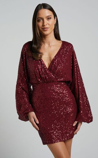 Erine Mini Dress - Long Sleeve Sequin Dress in Wine | Showpo (US, UK & Europe)