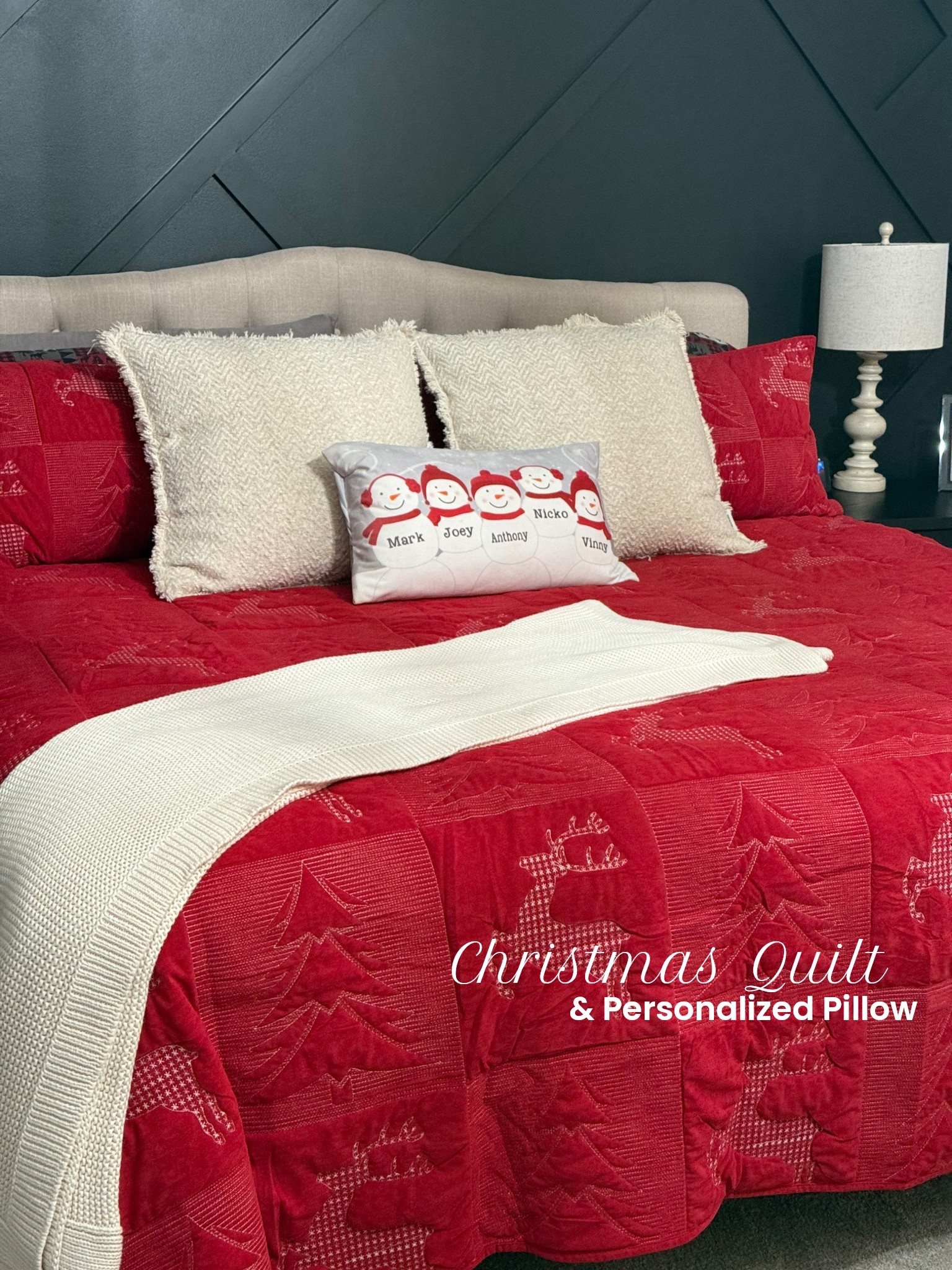 Festive red quilt set featuring a charming reindeer and tree pattern. Includes matching pillow covers. Add a personalized touch with the family names snowman pillow! 

#LTKSeasonal #LTKHoliday #LTKGiftGuide