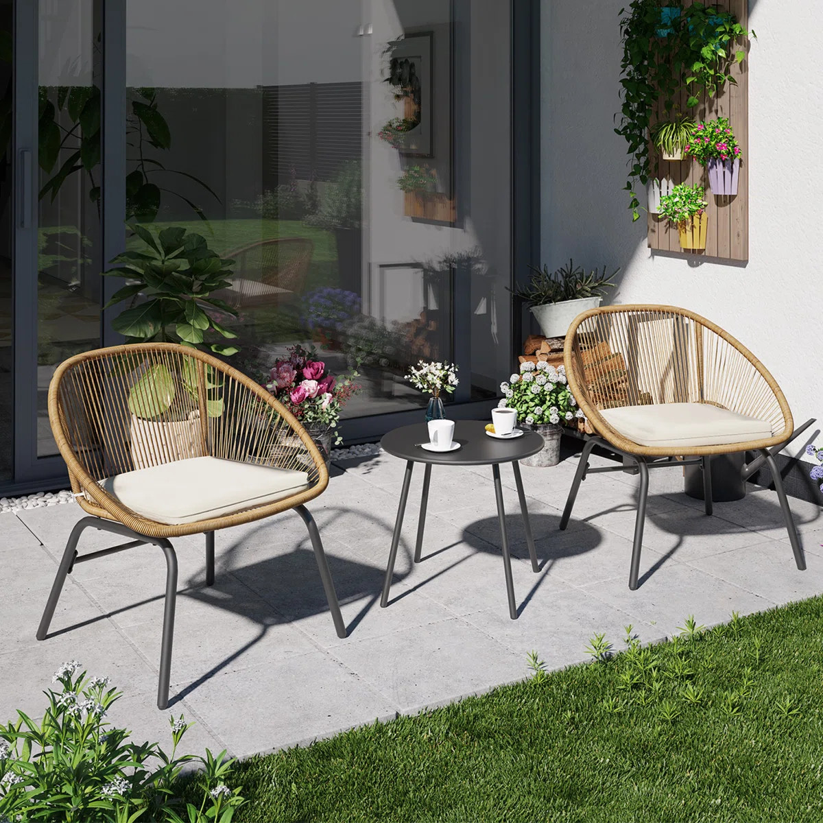3 Piece Patio Bistro Rattan Chair & Table Set with Cushions | Wayfair North America