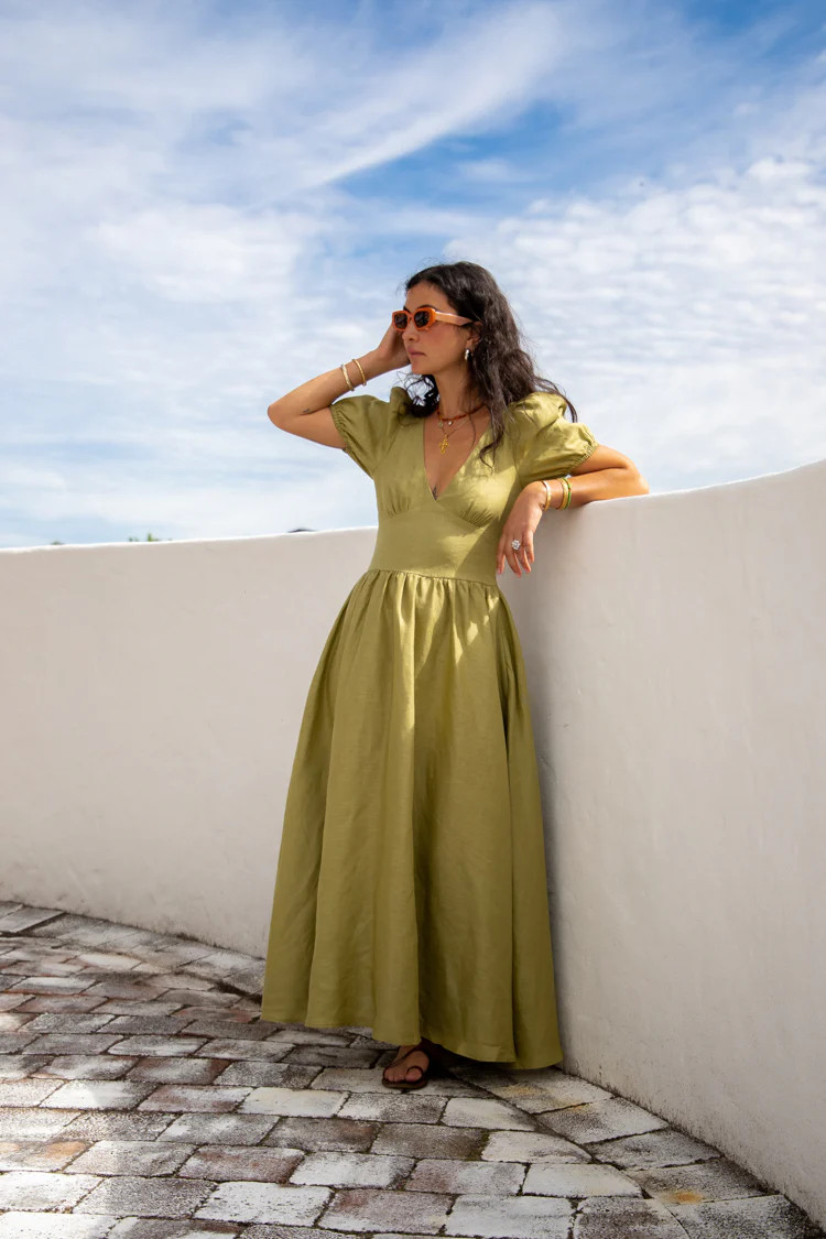 VRG GRL Paradiso Linen Midi Dress // Olive | VRG Grl