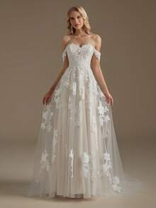 Off Shoulder Appliques Detail Mesh Wedding Dress | SHEIN