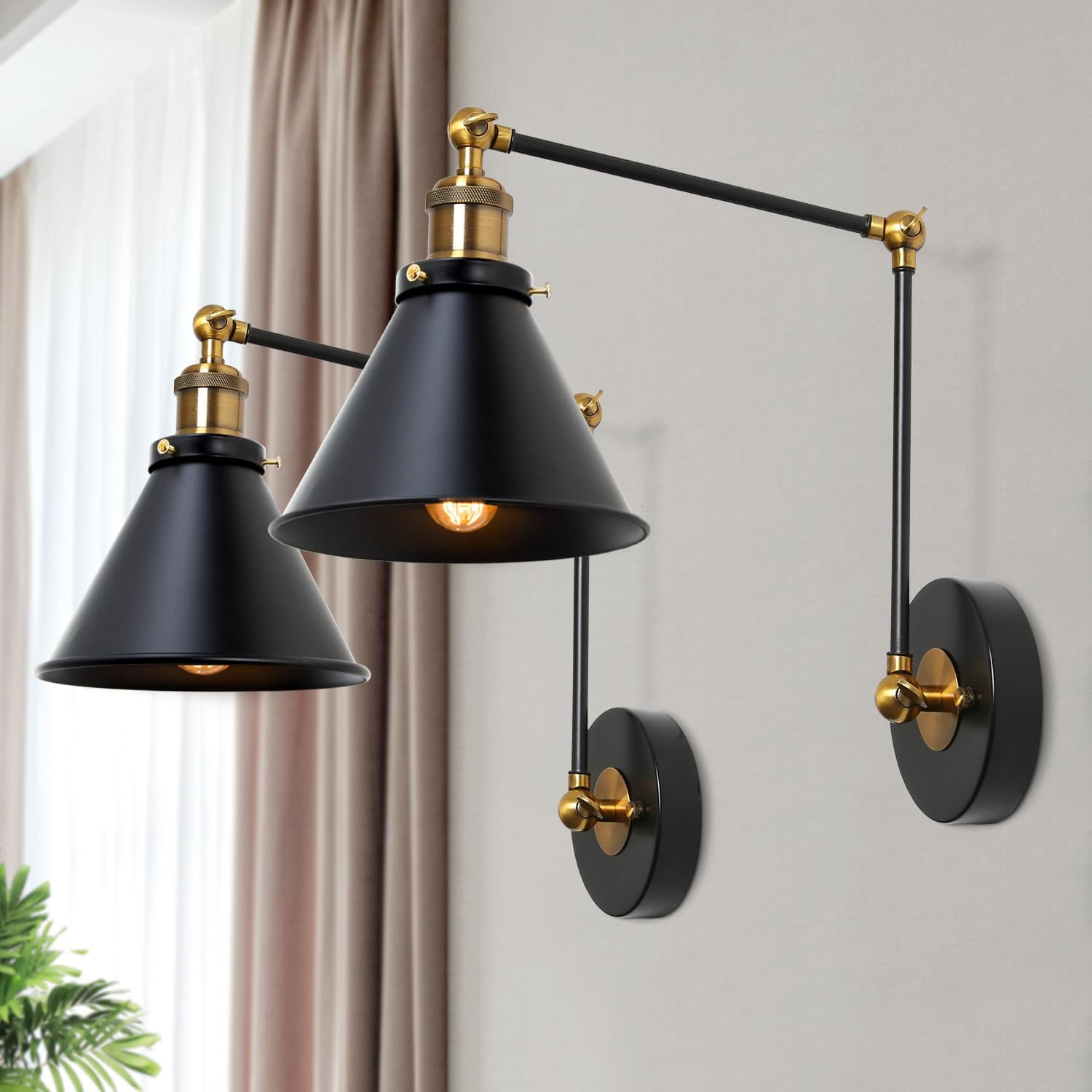 Black Wall Sconces Lighting, 2 Pack Modern Industrial Swing Arm Plug in or Hardwired Adjustable Wall Lamp with Antique Brass Finish for Bedroom, Kitchen, and Living Room | Amazon (US)