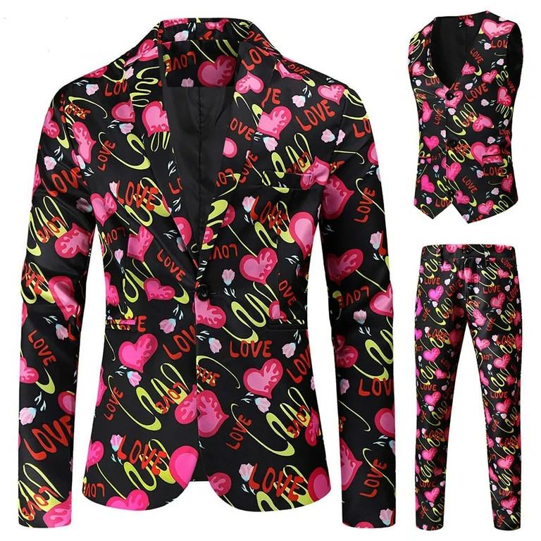 PIMOXV Men's Fashion Valentine's Day Suit Jacket + Vest + Suit Pants Three-Piece Set Love Valenti... | Walmart (US)