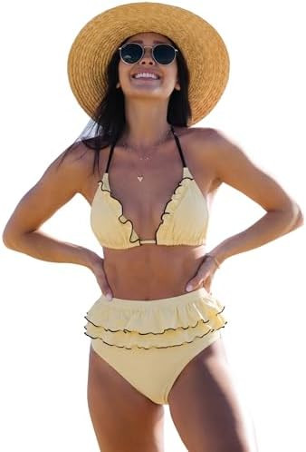 Women High Waisted Swimsuit Ruffle V Neck Bikini Two Pieces Swimwear | Amazon (US)