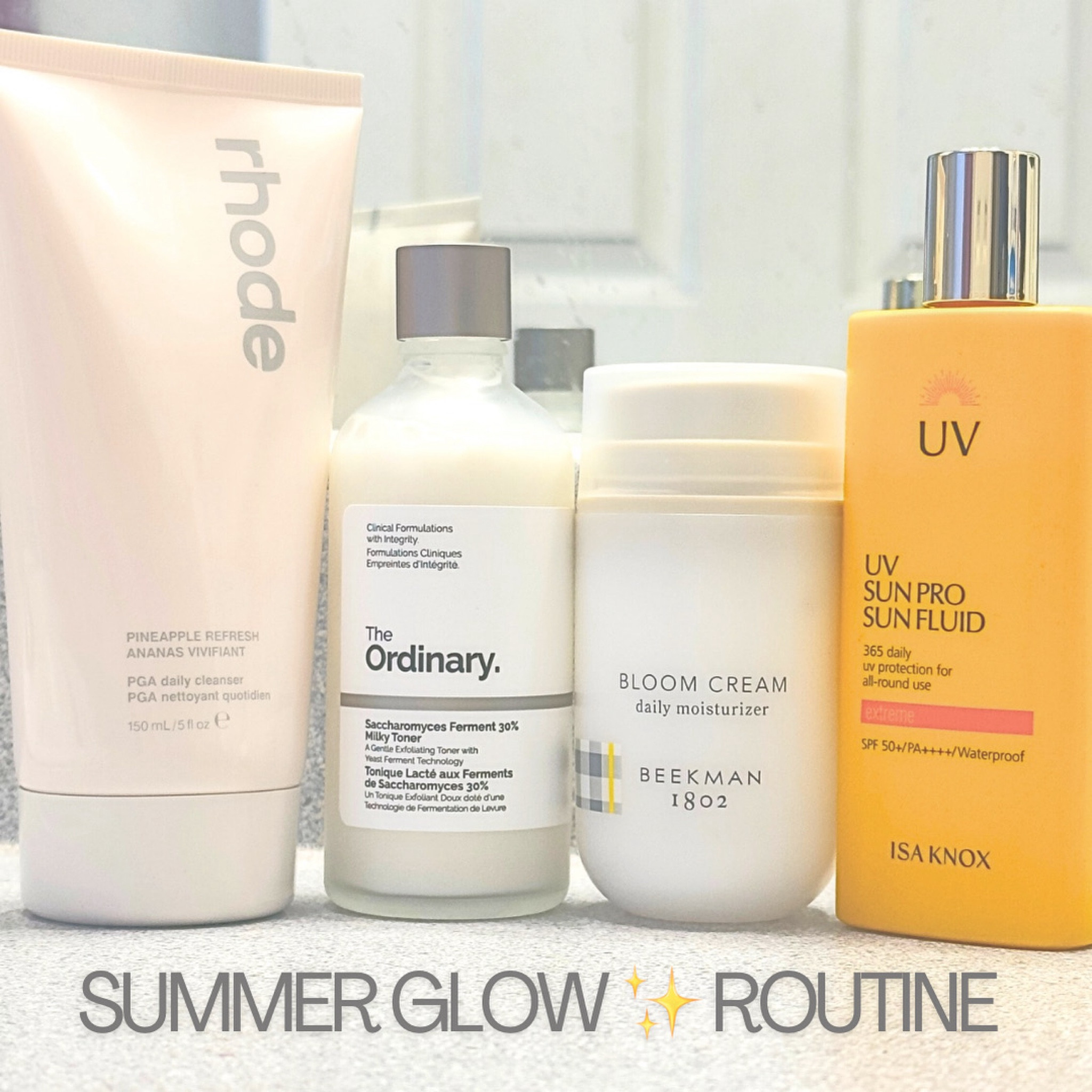 Discover your glow! ✨ Check out these top four skincare must-haves for a glowing base.

Many dermatologists and estheticians say it’s not necessary to wash your face in the morning, as it can be drying. BUT—&gt;

🍍 If you do wash your face, this a.m. gel cleanser is amazing. It emulsifies and lathers well, leaving my skin super clean. I use it only in the mornings. @rhodeskincare Pineapple Refresher
🤍 The Ordinary's new Milky Toner is incredible! It gives an amazing glow and works well with makeup and other products. My skin looks so glowy! @theordinary Milky Toner
🐐 Bloom Cream is popular for a reason. It doesn’t break me out and feels light yet incredibly hydrating. @beekman1802 Bloom Cream
☀️ SPF 50 is a must for me. This one is hydrating, leaves no white cast, and smells great (with a slight fresh scent). @isaknox UV Sun Pro Sun Fluid SPF 50+

If I’m in a hurry, I use my @Abib toner pads and any SPF 50 I can reach. 
Do what works for you! 
•••••••••••••••••••••••••••••••••••••••••••
I’m a Beekman Kindness Krew affiliate, so save 20% with my discount code! 🛍️ - KimB20
•••••••••••••••••••••••••••••••••••••••••••
#SkincareEssentials #GlowUp #Kbeauty #SkincareMagic #GRWM #SkincareRoutine #MorningRoutine #SkincareTips #SkincareIsLife #Over30Skincare #KindnessKrew #BloomCream #Beekman1802 #MorningSkincareRoutine

#LTKItBag #LTKBeauty #LTKFindsUnder50