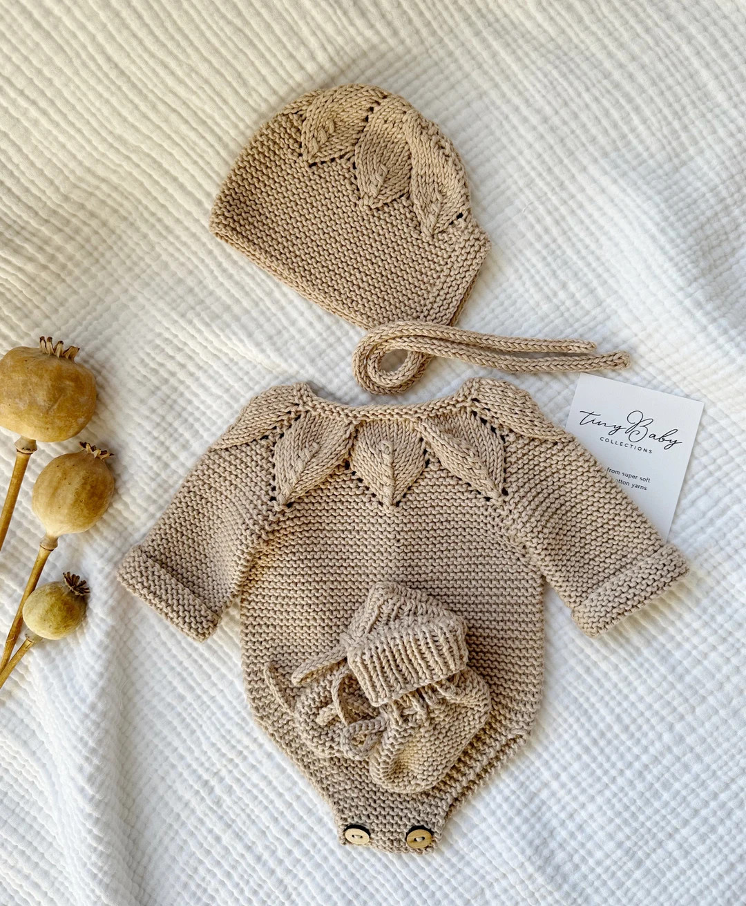 Hand Knit Organic Cotton Newborn Outfit, Baby Romper, Bonnet & Booties - Etsy | Etsy (US)
