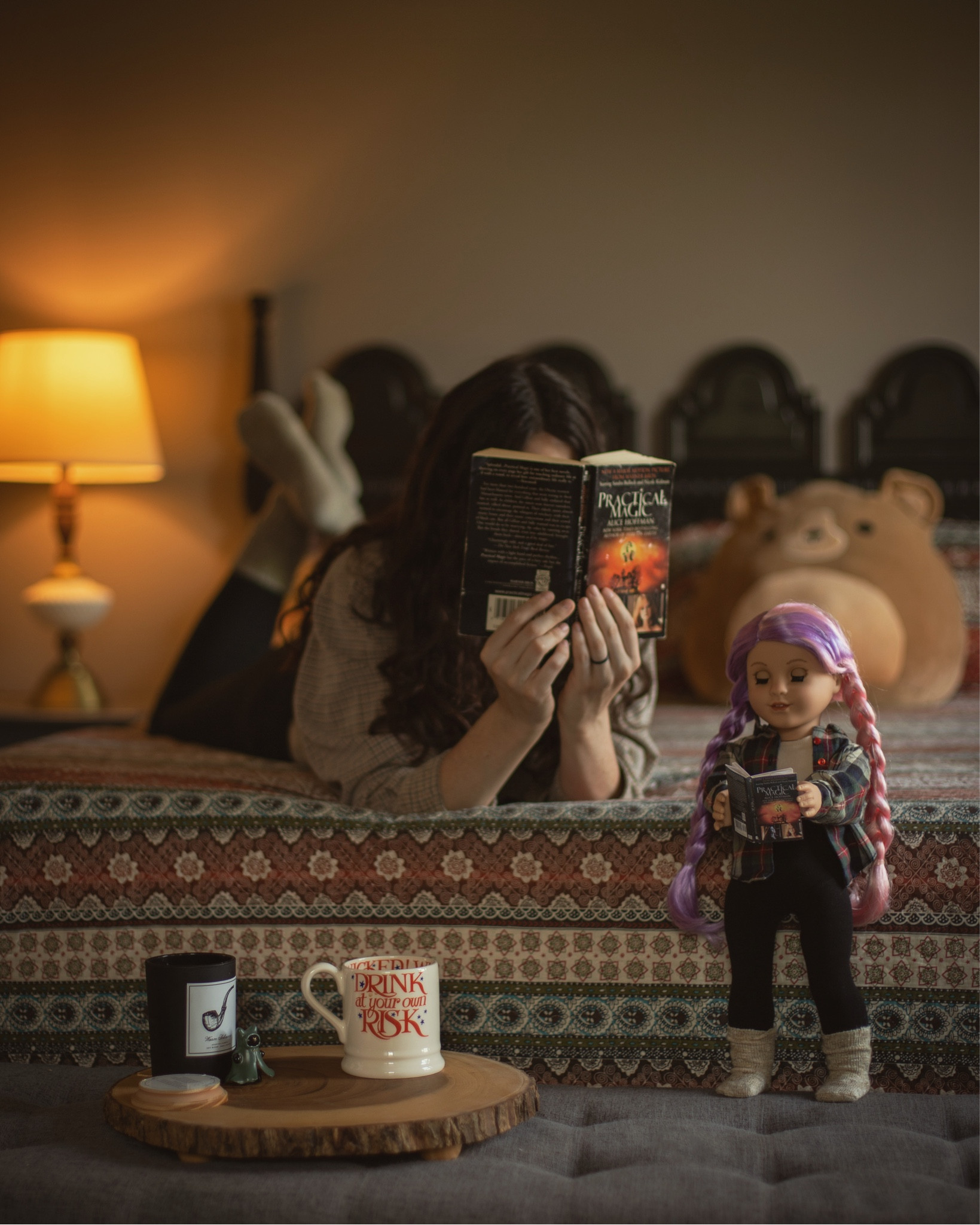Things I don’t have links for:
Candle: Leoben Company - Warm Tobacco
My shirt: American Eagle
Ottoman: Target (the one linked might be the same I’m not 100% sure)
Book: Practical Magic (I made the doll sized one)
American girl doll flannel is from Molly’s after school outfit 
Squishmallow bear
I made the little green cloaked cat near candle 
*lamp and painted headboard are vintage
Check AZN links for bedding and wooden stand 

#LTKhome #LTKGiftGuide