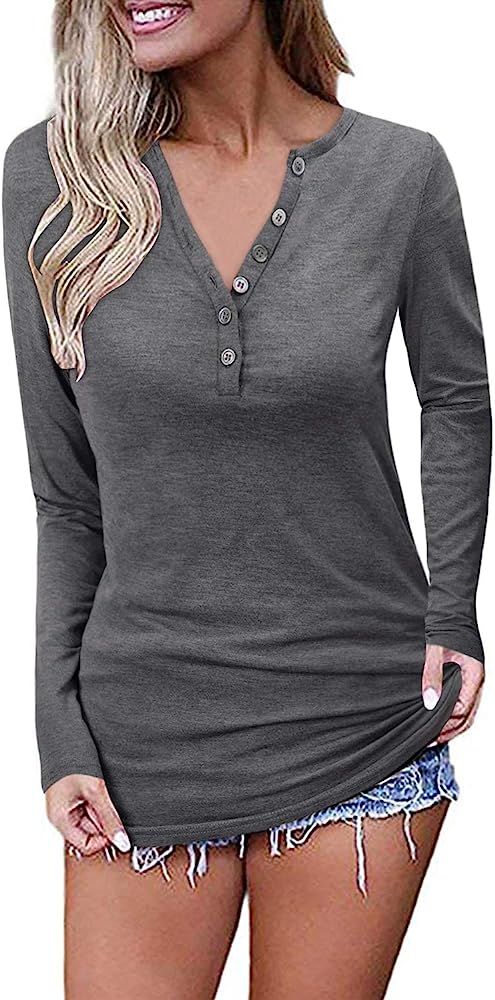 OUGES Womens Long Sleeve V-Neck Button Casual Tops Blouse T Shirt | Amazon (US)