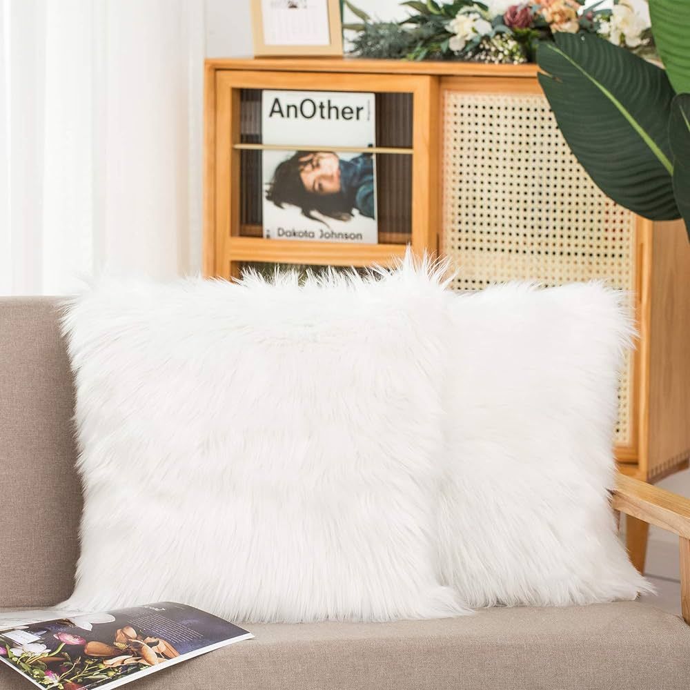 HYSEAS Set of 2 Decorative Faux Fur Throw Pillow Covers, White Fluffy Soft Fuzzy Square Cushion C... | Amazon (US)