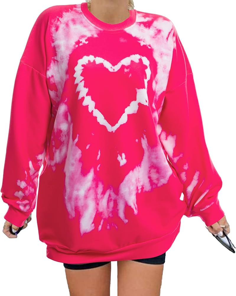 LOTUCY Love Heart Sweatshirt Women Oversized Valentines Day Pullover Tie Dye Crewneck Loose Long ... | Amazon (US)