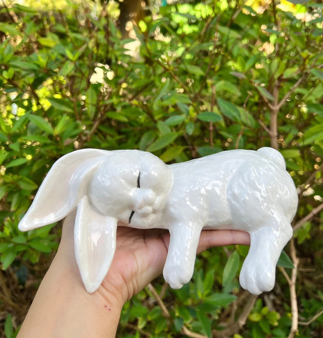 Hand-made Ceramic Sleeping Bunny Rabbit Shelf Sitter Ornament 70s Vibe Stoneware Clay Bunnies Boh... | Etsy (US)