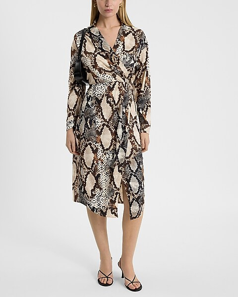 Snake Print Long Sleeve Surplice Midi Dress | Express