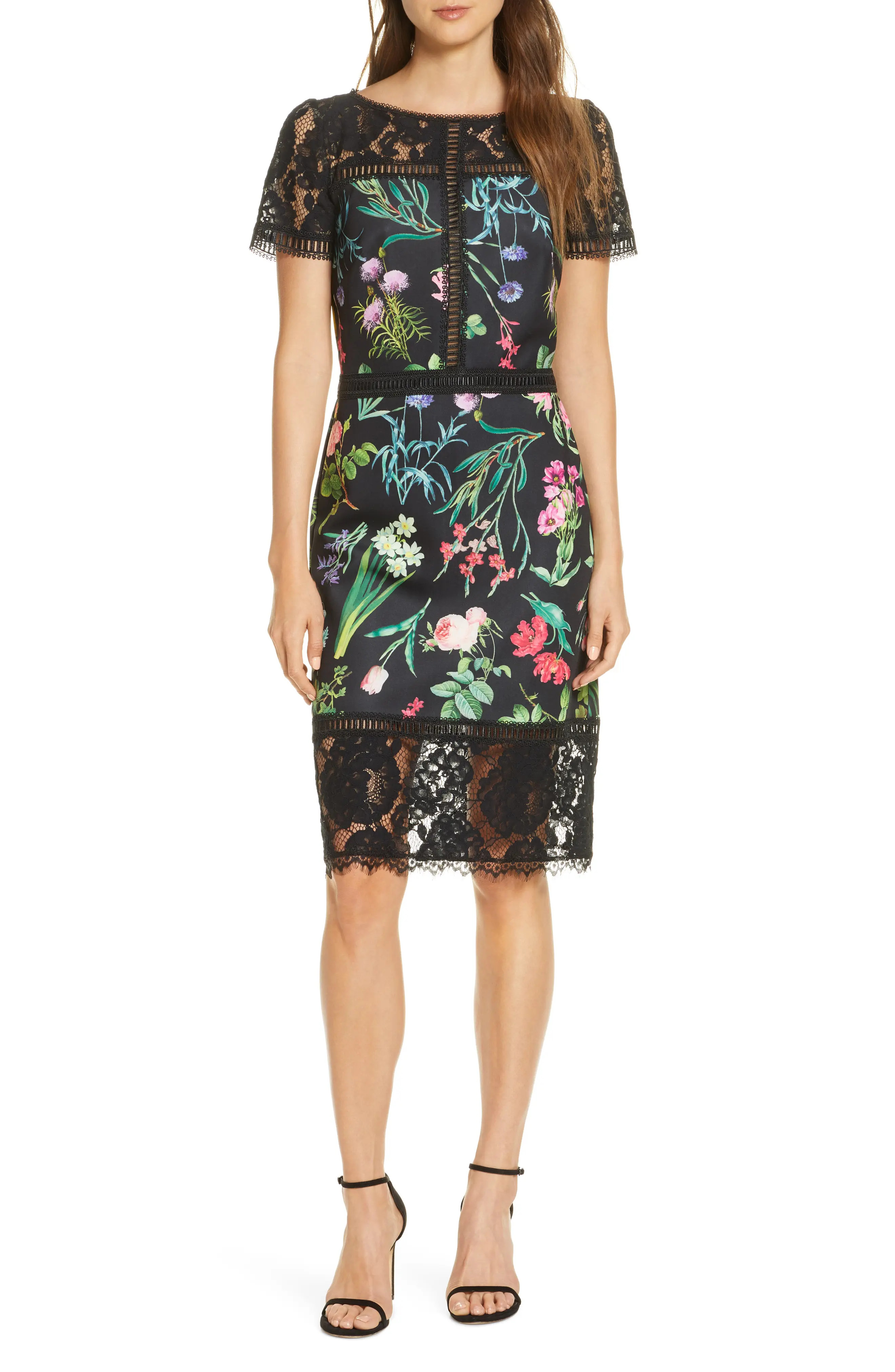 Women's Tadashi Shoji Floral Scuba & Lace Sheath Dress, Size 6 - Black | Nordstrom
