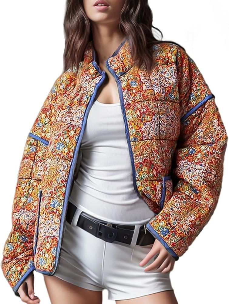Yimoon Women's Cropped Puffer Quilted Jacket Vintage Floral Print Open Front Lightweight Short Ja... | Amazon (US)