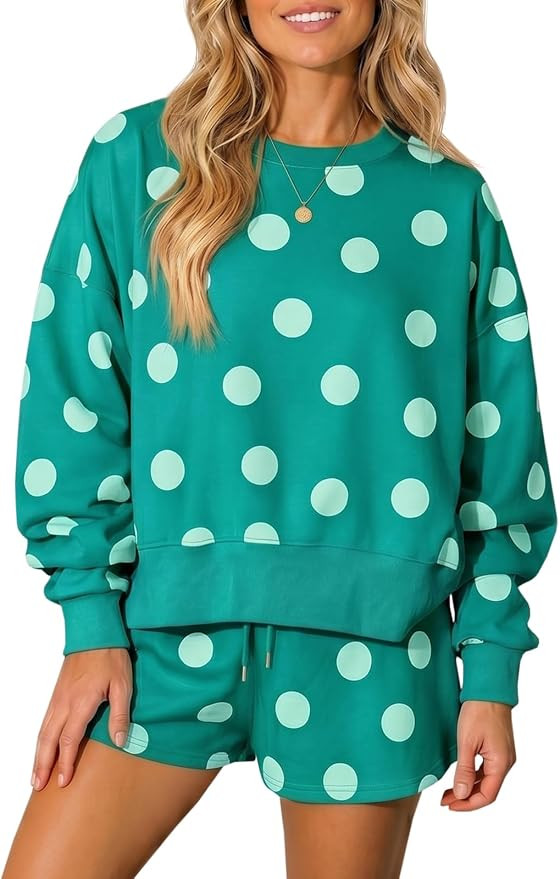 Fisoew Womens Polka Dot 2 Piece Outfits Casual Oversized Long Sleeve Sweatshirts Shorts Set Track... | Amazon (US)