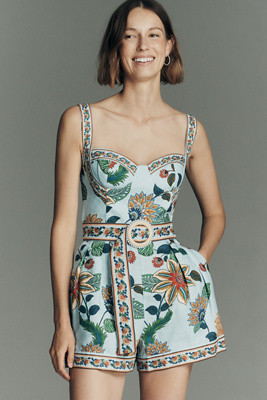 Farm Rio Delhi Floral Belted Sleeveless Sweetheart Linen Romper | Anthropologie (US)