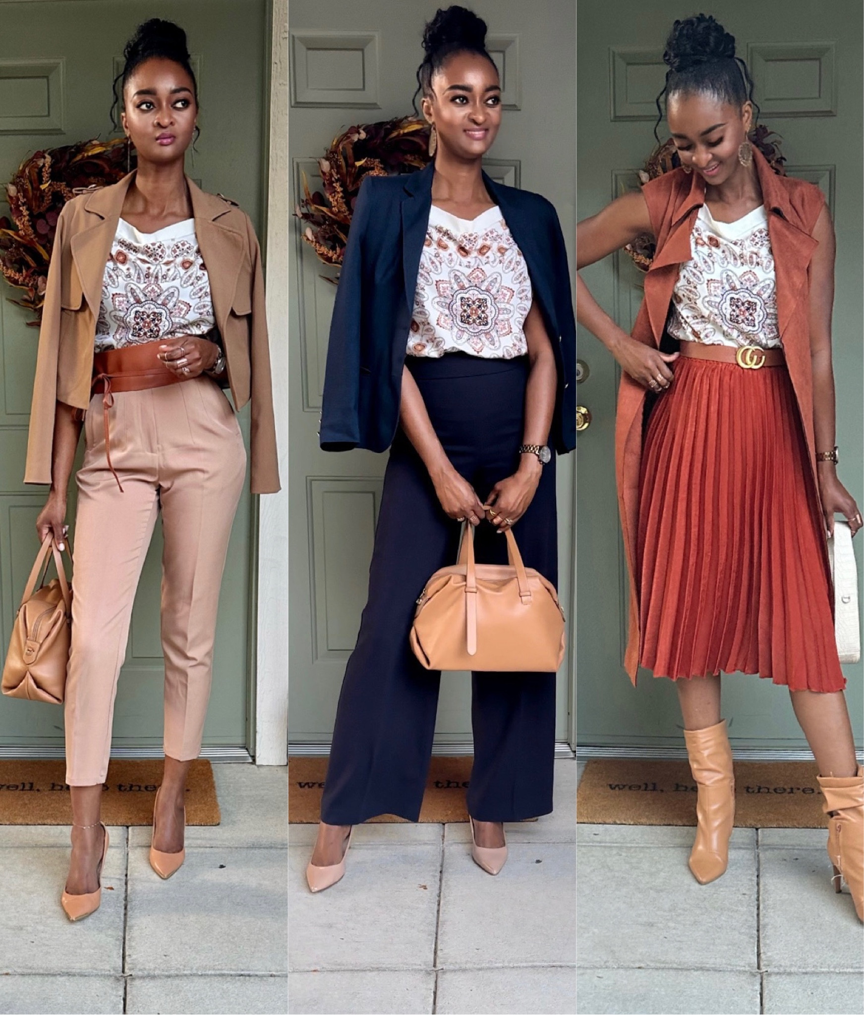 FALL WORKWEAR STYLE - Here are 3 ways how to style A Scarf Print Top This Fall. 

1. High Waisted Cropped Pants
Pairing the scarf top with high cropped pants will elevate the look and add a polished look. 

2. Wide Legs Pants
These style of pants are a must have in every woman’s closet. Pairing the top with wide legs pants will add such a classy touch to the whole outfit.  Adding a fitted jacket will really complete this look. 

3. Pleated Skirt 
Pleated skirt adds a feminine look to any outfit. Pairing this look with booties and a long duster adds a touch of elegance. 

Let me know which look is your favorite. 

Scarf Prints Top @simplyyoushopparkerco 

Outfits/ similar styles linked in bio.

#falllook #fallfashion #fallworkwear #autumn #autumnlook #classylook #elegantstyle #workwear #workwearstyle #workwearstyle #officelooks #officefashion #9to5 #9to5style #9to5chic #modestfashion 

#LTKworkwear #LTKfindsunder100