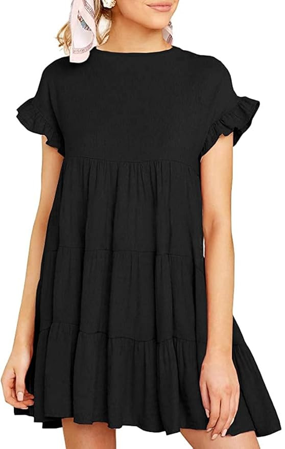 Chuanqi Womens Ruffles Boho Floral Printed Babydoll Loose Swing Casual Short Mini T-Shirt Dress | Amazon (US)