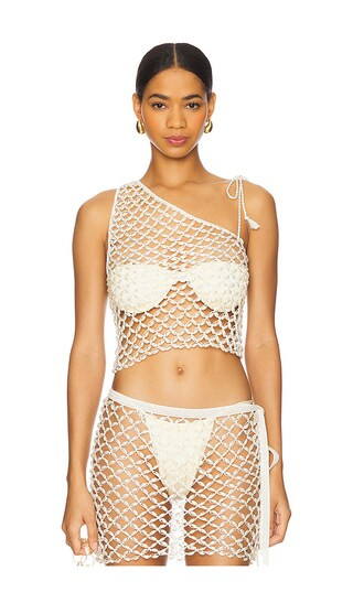Serene Hand Crochet Pearl Beaded One Shoulder Top in Ivory | Revolve Clothing (Global)