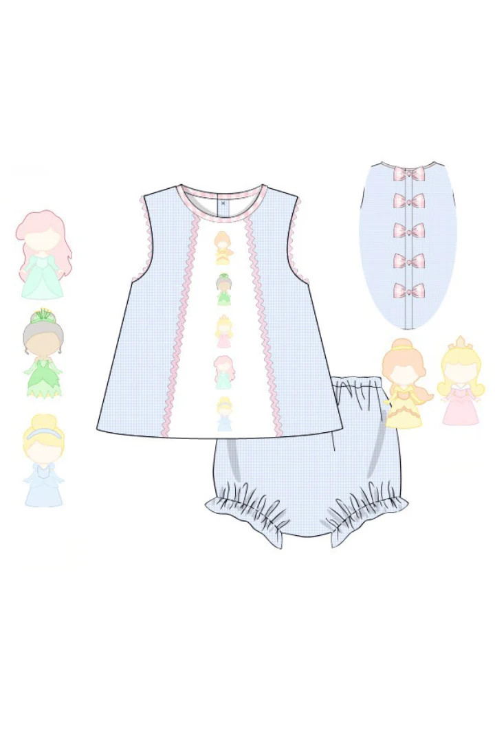 Pre-Order Shadow Embroidery Princess Blue Gingham Bow Bloomer Set | The Smocked Flamingo