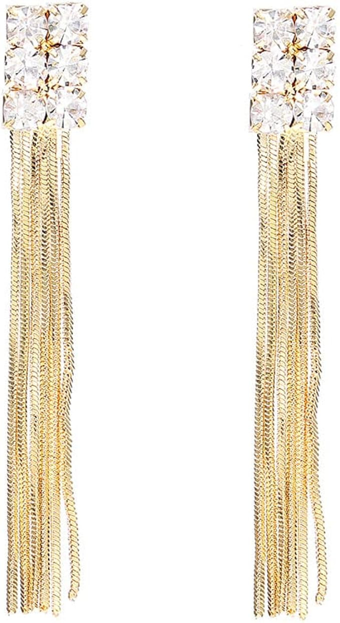 Wosois Shiny Rhinestone Earrings Gold Tassel Drop Dangle Earrings Fringe Crystal Jewelry Accessor... | Amazon (US)