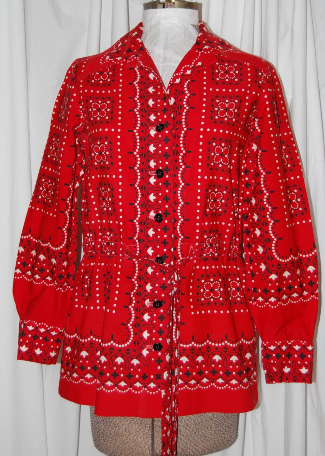 Vintage 70s Bandana Jacket Button Front Tunic Shirt Bandana Print, Pointy Collar Drawstring Waist... | Etsy (US)