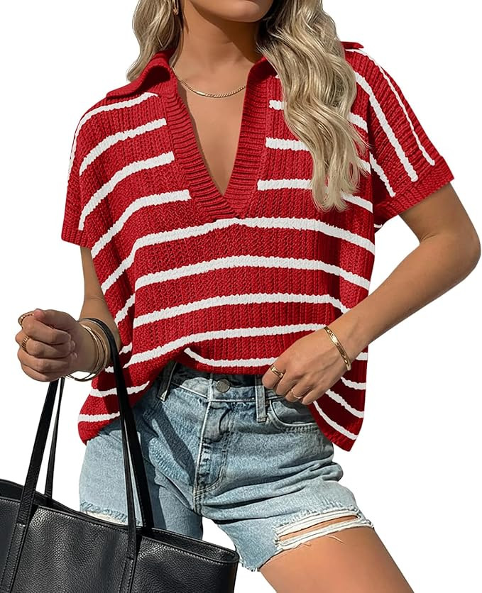 Saodimallsu Womens Striped Short Sleeve Sweater Tops Summer V Neck Collared Trendy Casual Loose K... | Amazon (US)