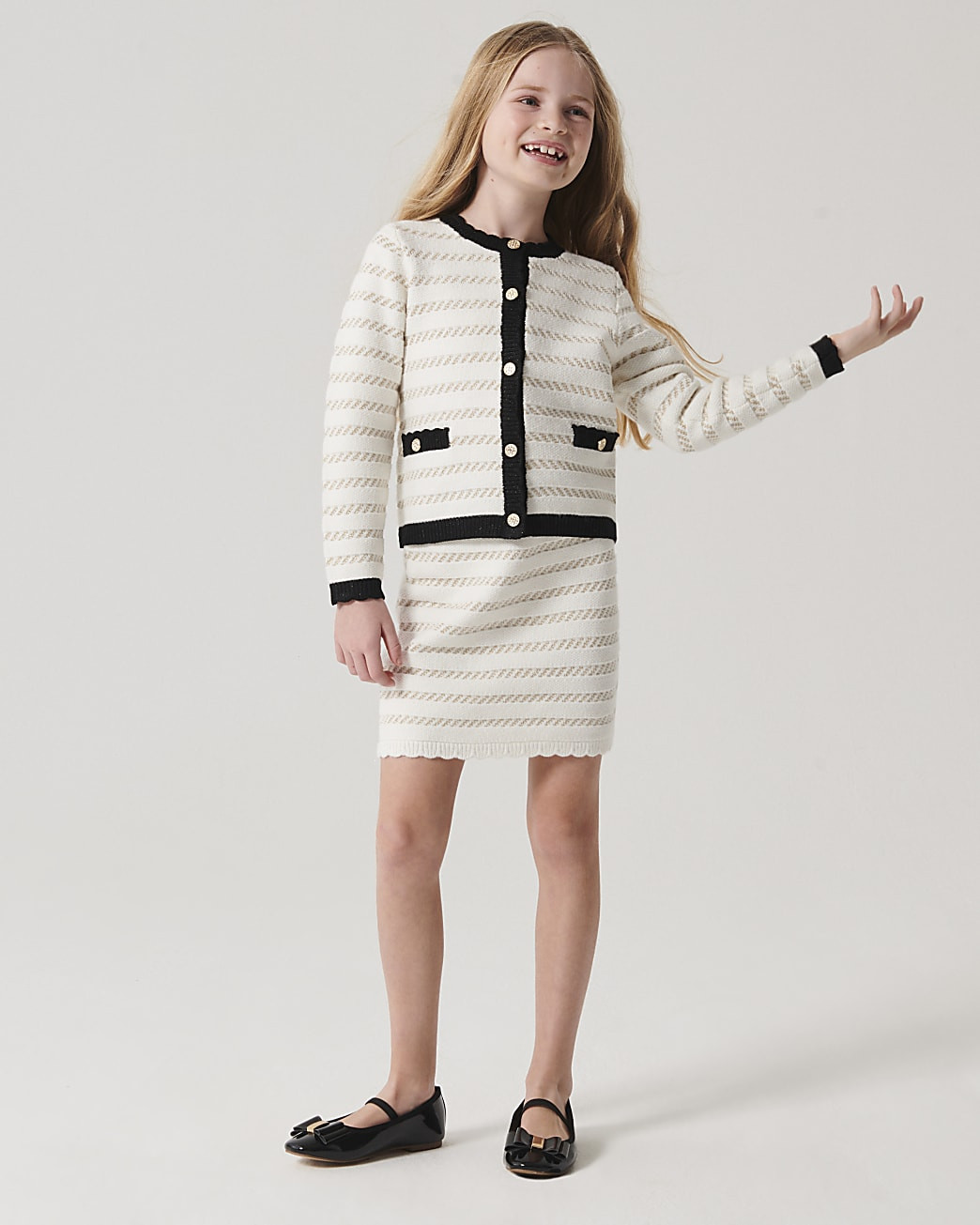 Girls cream boucle stripe cardigan set | River Island (UK & IE)
