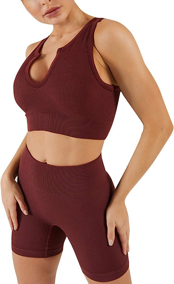 Workout Sets for Women 2 Piece Ribbed Seamless Yoga Outfits Crop Tank High Waist Exercise Shorts ... | Amazon (CA)