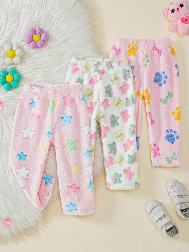 SHEIN Playful Pals 3pcs Set Baby Girl Plush Paw Print, Star, Puppy & Kitten Pattern Thermal Lined Pants, Suitable For Home & Outdoors, Autumn Winter | SHEIN