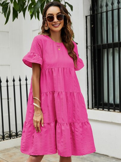 Solid Flounce Sleeve Smock Dress | SHEIN