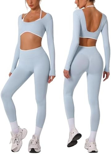 ABOCIW Workout Sets for Women Long Sleeve Crop Top Scrunch Butt Lifting High Waist Leggings 2 Pie... | Amazon (US)