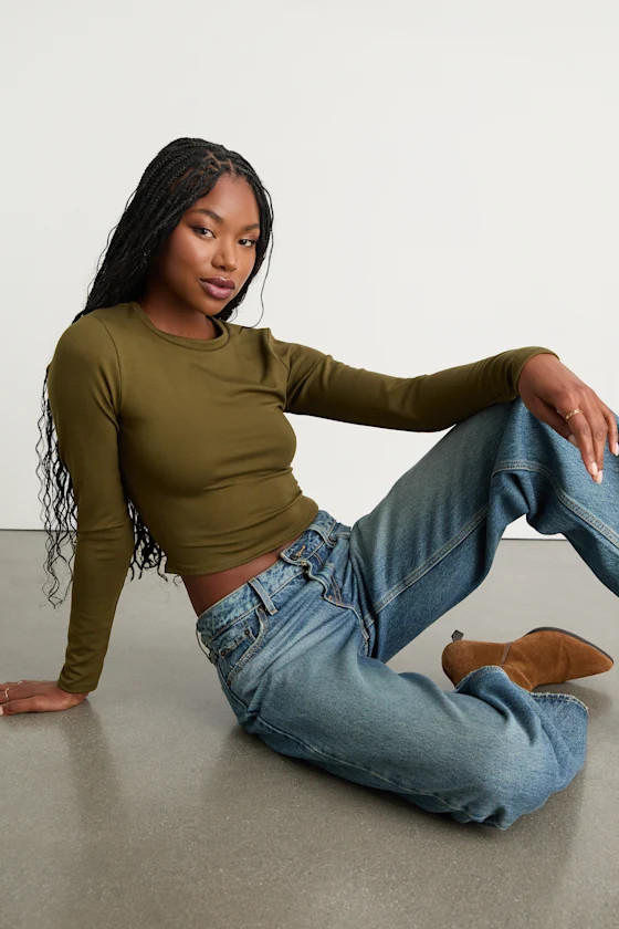 Begin with the Basics Olive Green Long Sleeve Crop Top | Lulus