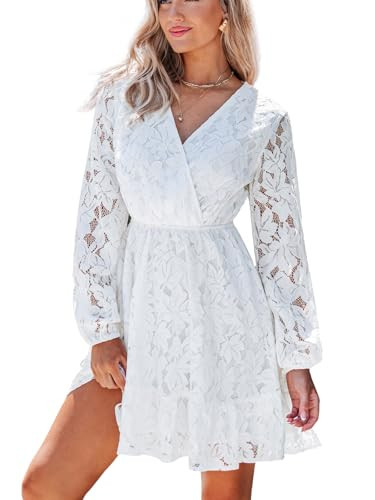 Long Lace Sleeve Dress for Women Elegant Floral Mini Dresses for Wedding Guest Peasant Sleeves V Neck Party White Small | Amazon (US)