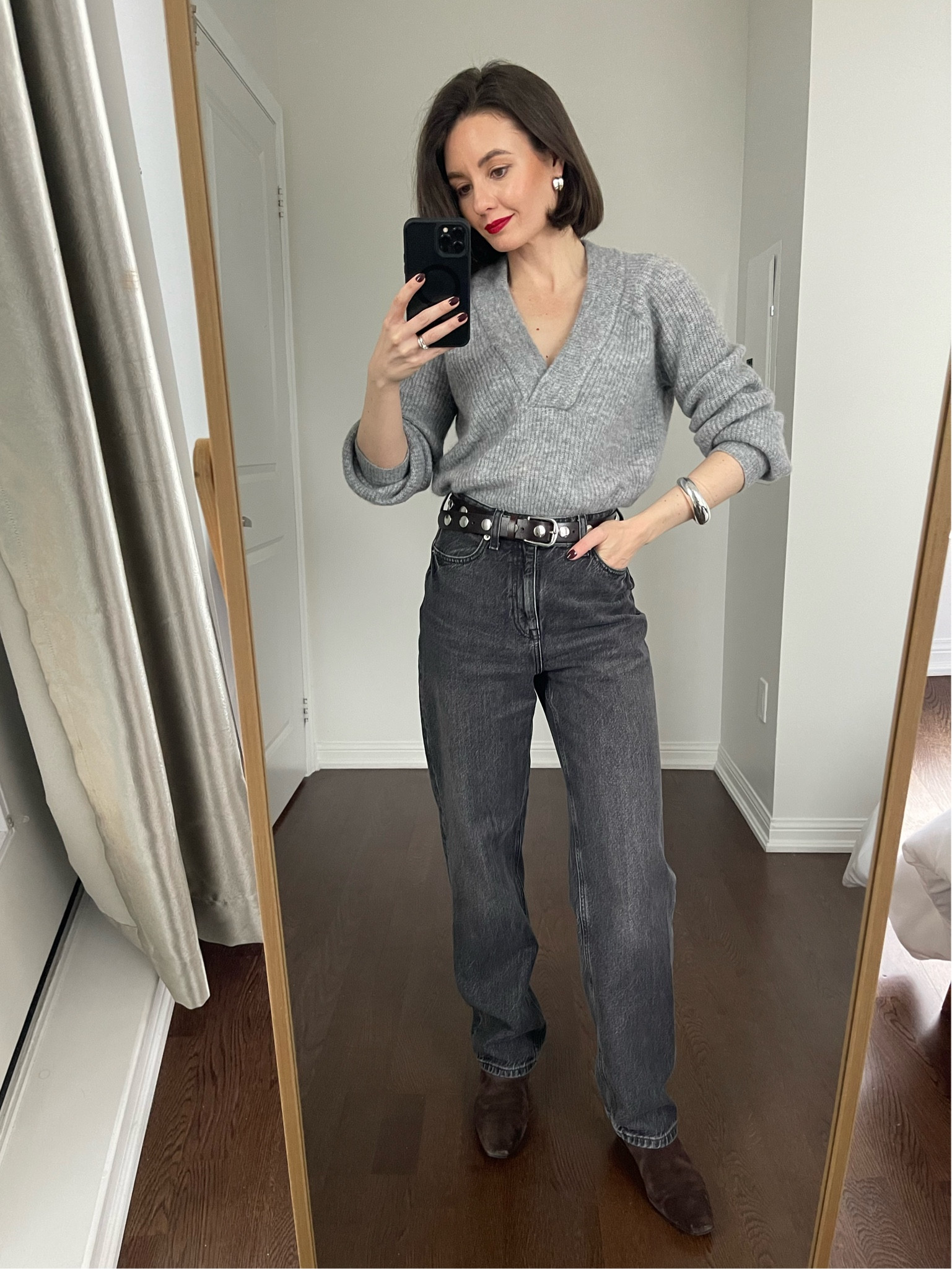 Grey sweater, grey jeans, suede boots, studded belt

#LTKSeasonal #LTKFindsUnder100 #LTKStyleTip