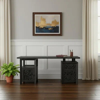 68" Black Solid Wood and Metal Carved Floral Desk With Three Drawers | Wayfair North America