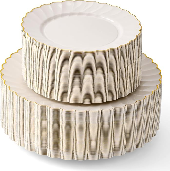 By Madee HEAVYWEIGHT 100 Pc Ivory Scalloped Plastic Plates for Party with Gold Trim | 50 Dinner &... | Amazon (US)