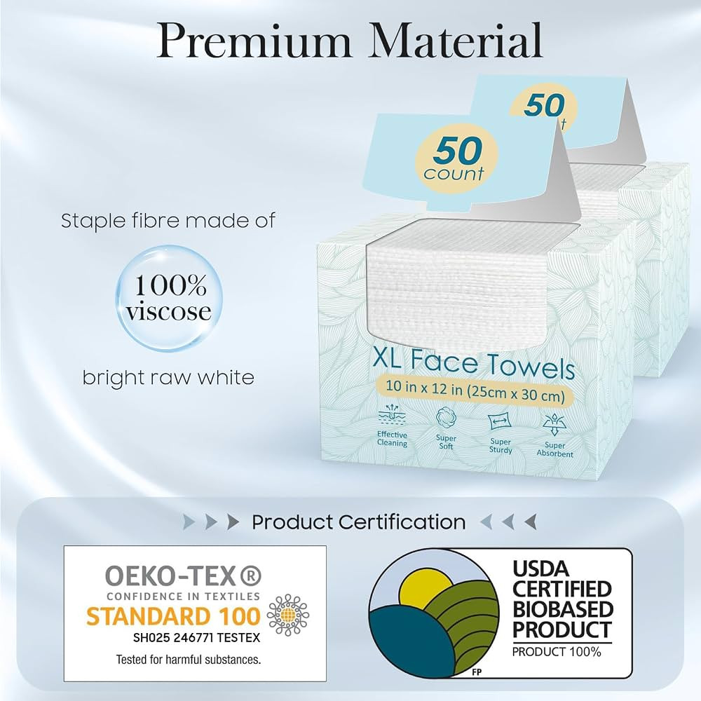 2 Pack of 50 count XL Disposable Face Towels 10” x 12”, 100% Viscose Fibre, Soft & Skin Frien... | Amazon (US)