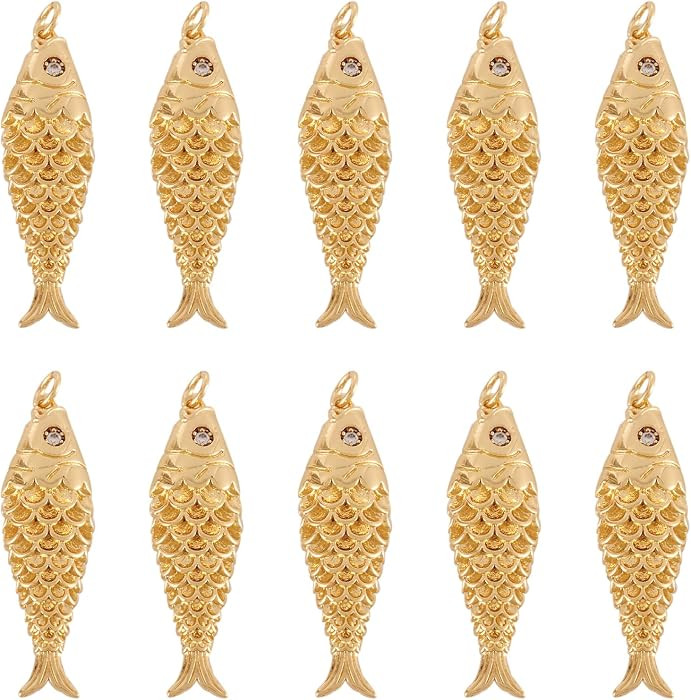 10Pcs 18K Gold Plated Fish Charms Cubic Zirconia Fishing Eyes Charm Brass Golden Carp Charms Sparkling Micro Pave CZ Pendants for Bracelet Necklace Jewelry Making Festival Gift | Amazon (US)