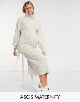 ASOS DESIGN Maternity midi rib dress with cowl neck in oatmeal | ASOS (Global)