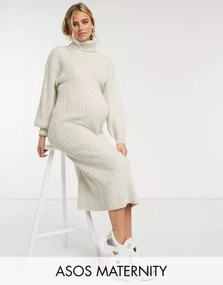 ASOS DESIGN Maternity midi rib dress with cowl neck in oatmeal | ASOS (Global)