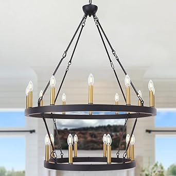 Wellmet Black and Gold Wagon Wheel Chandelier 2 Tier, Large Farmhouse Round Pendant Light Fixture... | Amazon (US)