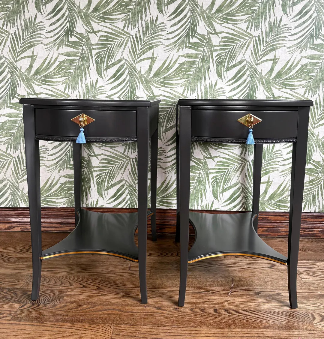 A Pair of Vintage Classic Satin Jet Black and Gold 2 Drawer End Stands/Night Stands/End Tables. | Etsy (US)