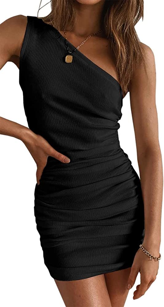 Meikulo Women One Shoulder Ruched Bodycon Mini Dress Summer Ribbed Cocktail Party Dress | Amazon (US)