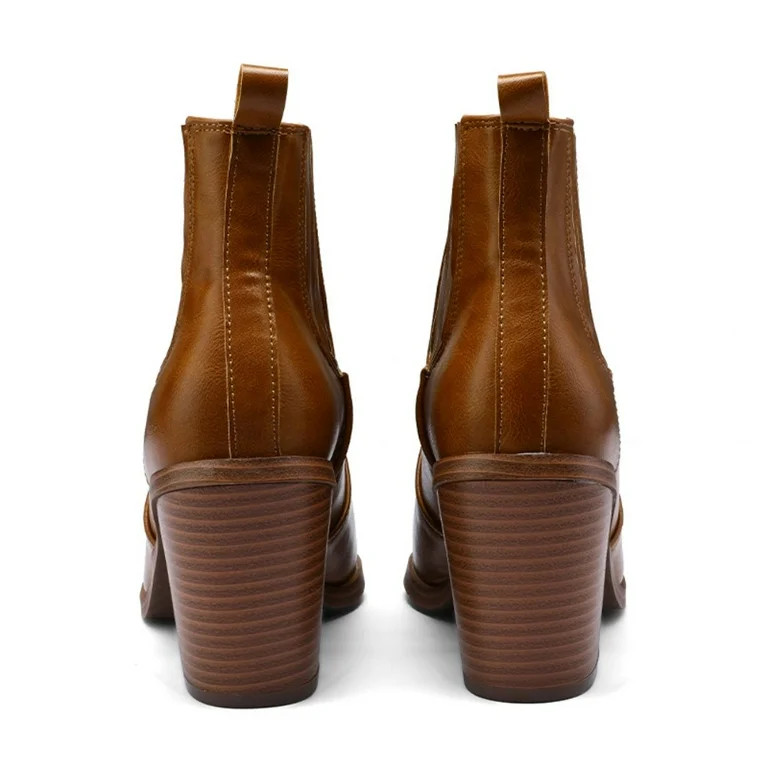 Mysoft Women's Pointed Toe Ankle Boots Brown Chunky Heel Chelsea Booties 8M - Walmart.com | Walmart (US)
