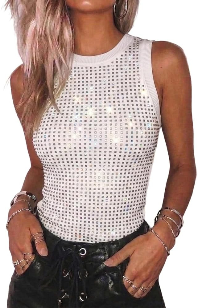 CHICME Womens Summer Sleeveless Ribbed Tank Tops Rhinestone Sparkly Basic Top Slim Fit Party Y2K ... | Amazon (US)