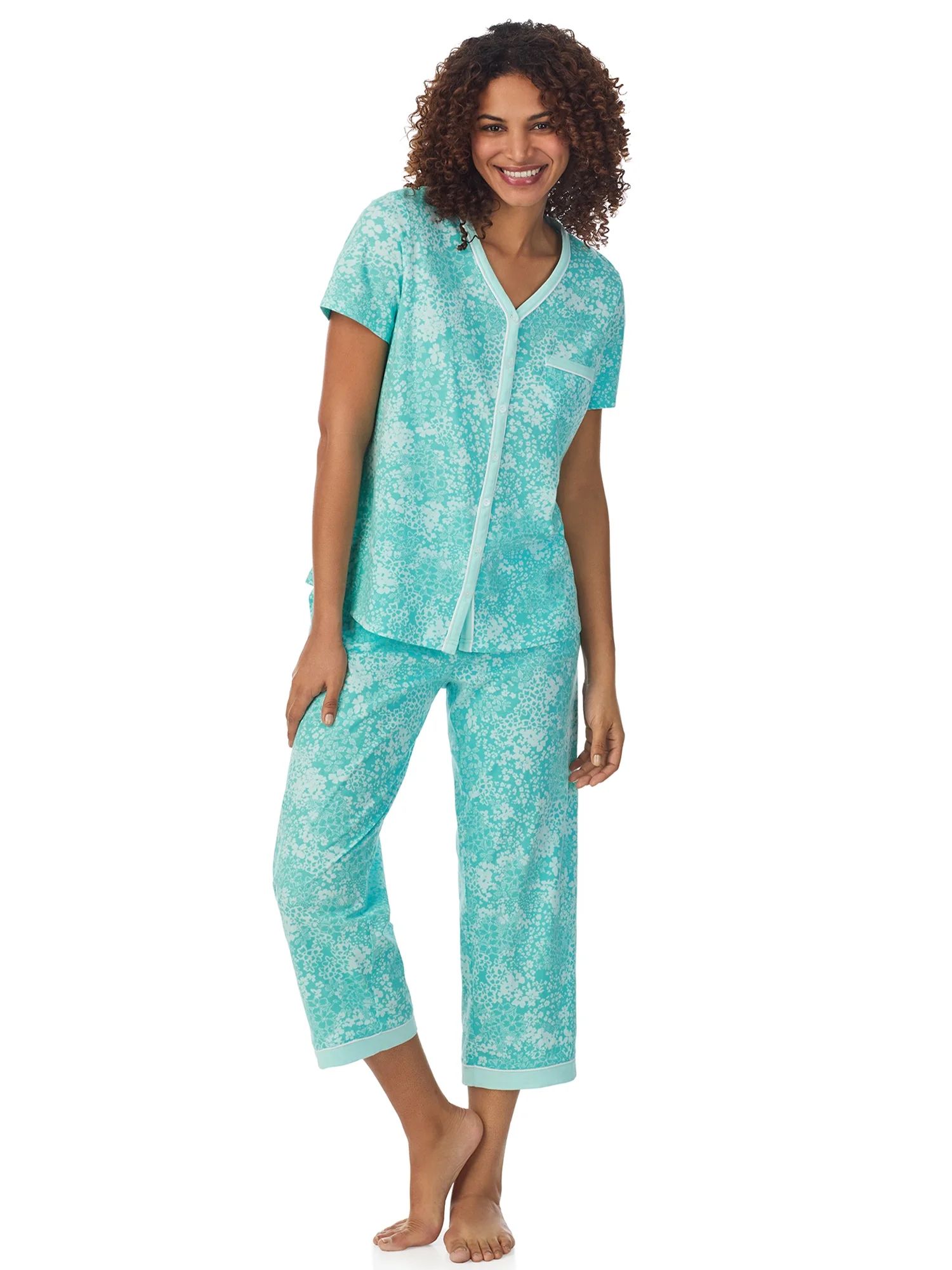 Aria Short Sleeve 100% Cotton Cropped Pajama Set with Pockets, Women’s Sizes S-3X | Walmart (US)