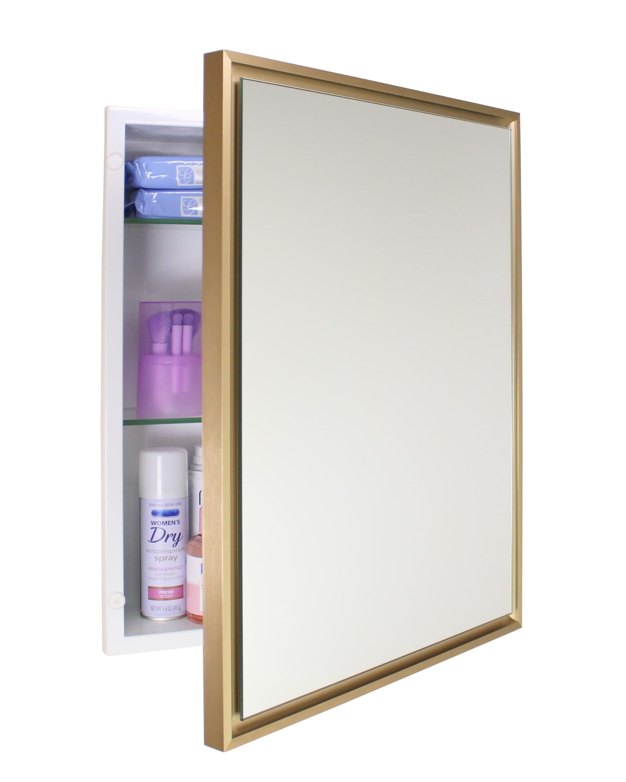 16x20 Parker Metro Metal Framed Rectangle Recessed Bathroom Medicine Cabinet, Floating Mirror, 14x18 in-Wall Opening, Powder-coated Steel, Adjustable Glass Shelves, Magnet Close, Gold | Amazon (US)