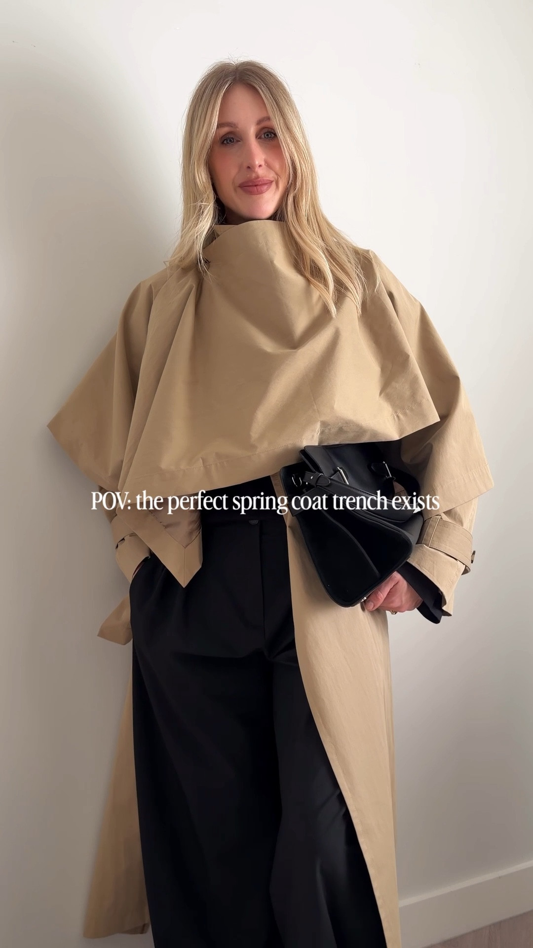 Arket trench coat with a funnel neck jacket and detachable cape.

Spring outfit formula
Zara barrel trousers
Classic trench coat 
Sporty ballet flat trainers
Leather pendant necklace
Le Tanneur Emie bag large 

Minimal style 

#LTKbag #LTKuk #LTKspring